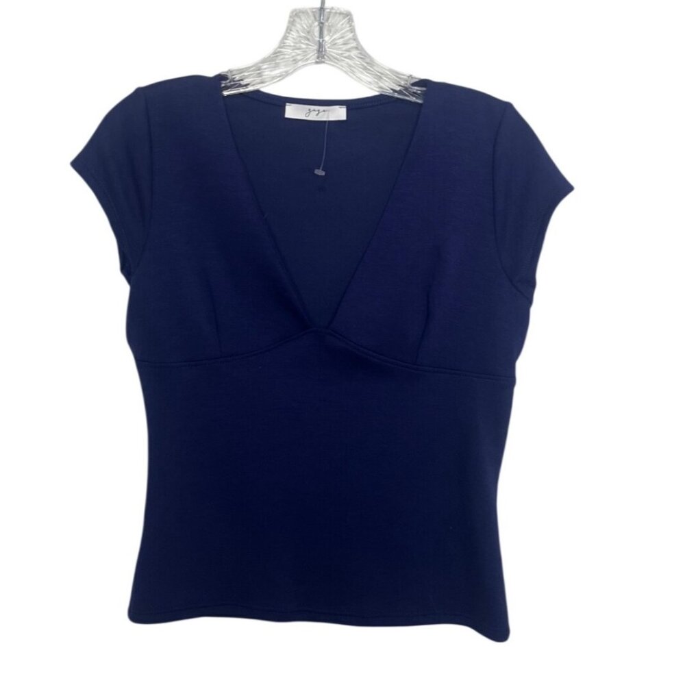 Gaze Deep VNeck Top Shirt Medium Blue New Cap Sleeve Fitted‎